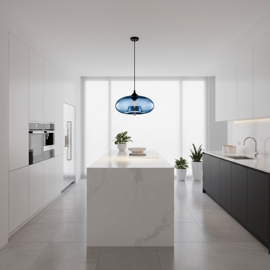 Suspension Verre Coloré – Globe Ovale Bleu Nuit — mise en situation cuisine