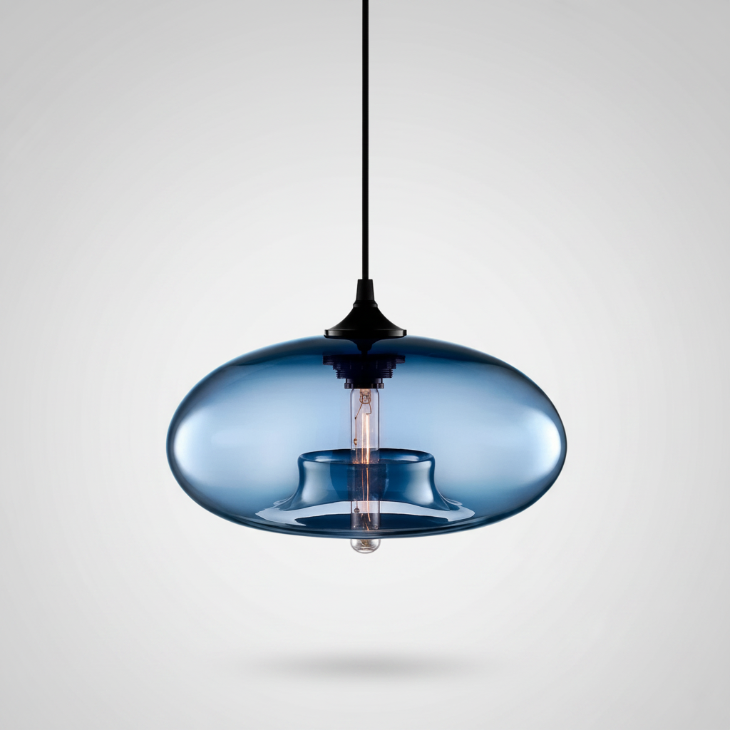 Suspension Verre Coloré – Globe Ovale Bleu Nuit — photo produit fond gris
