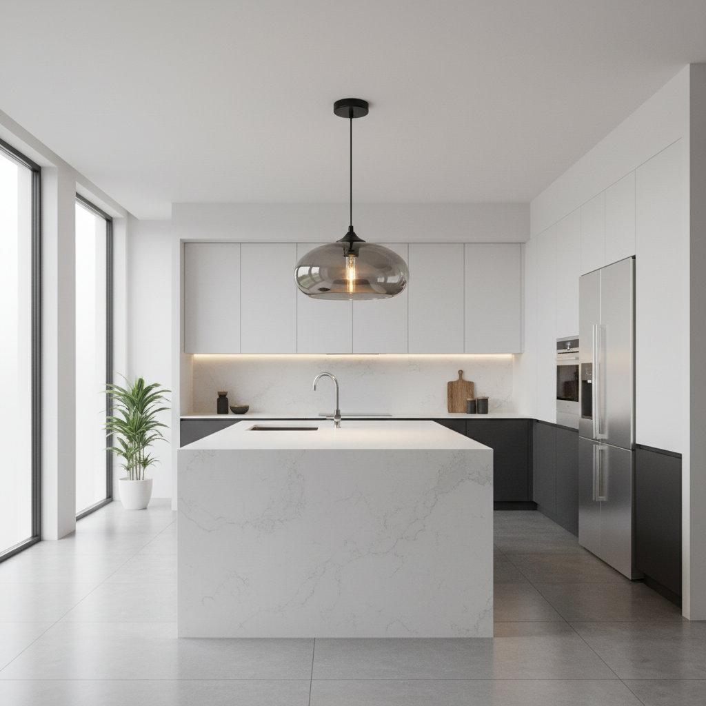 Suspension Verre Coloré – Globe Ovale Gris — mise en situation cuisine