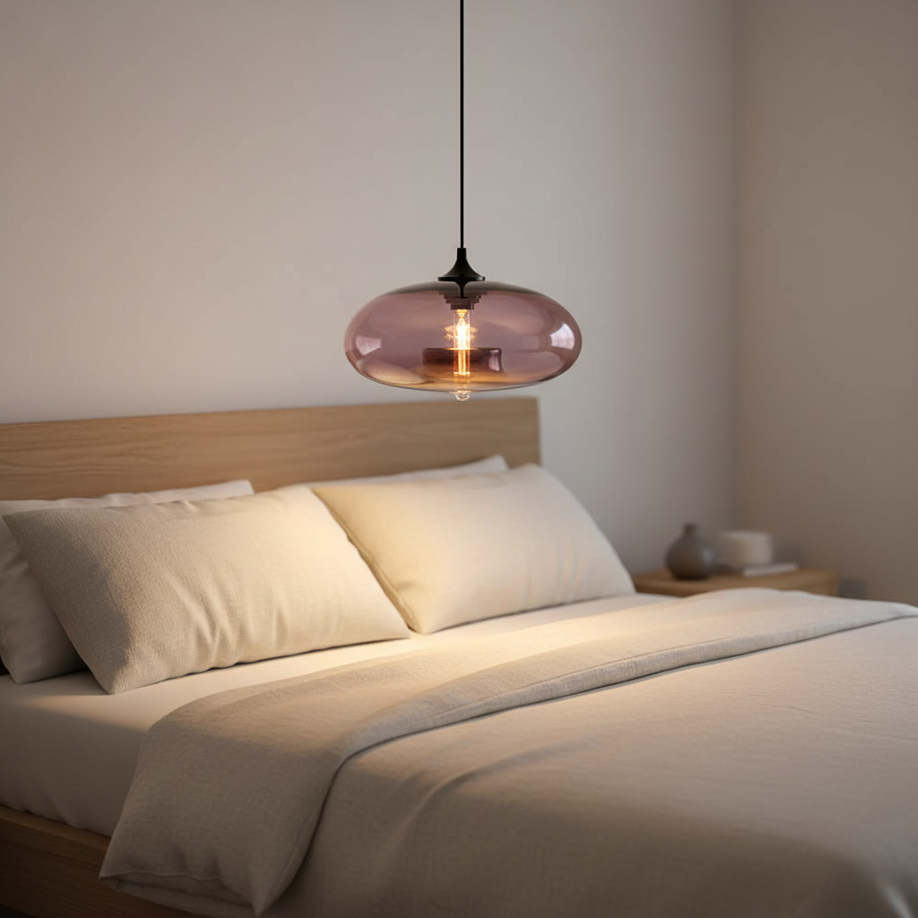 Suspension Verre Coloré – Globe Ovale Rose — mise en situation chambre