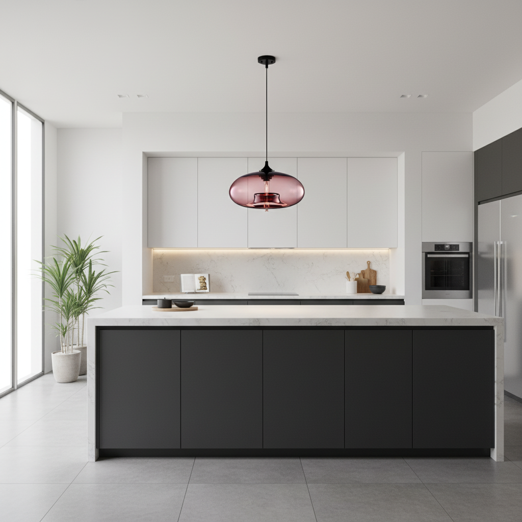 Suspension Verre Coloré – Globe Ovale Rose — mise en situation cuisine