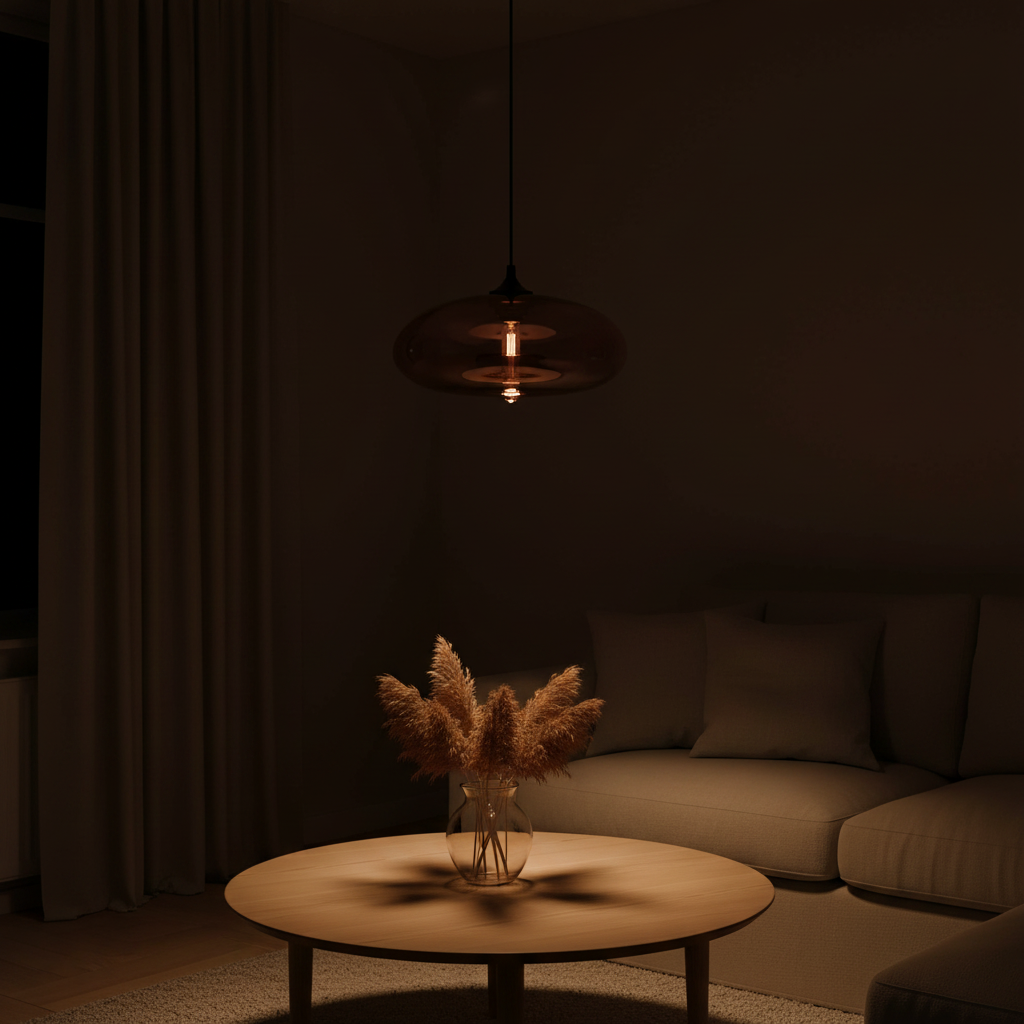 Suspension Verre Coloré – Globe Ovale Rose — ambiance soir salon scandinave