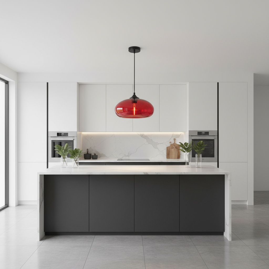 Suspension Verre Coloré – Globe Ovale Rouge — mise en situation cuisine