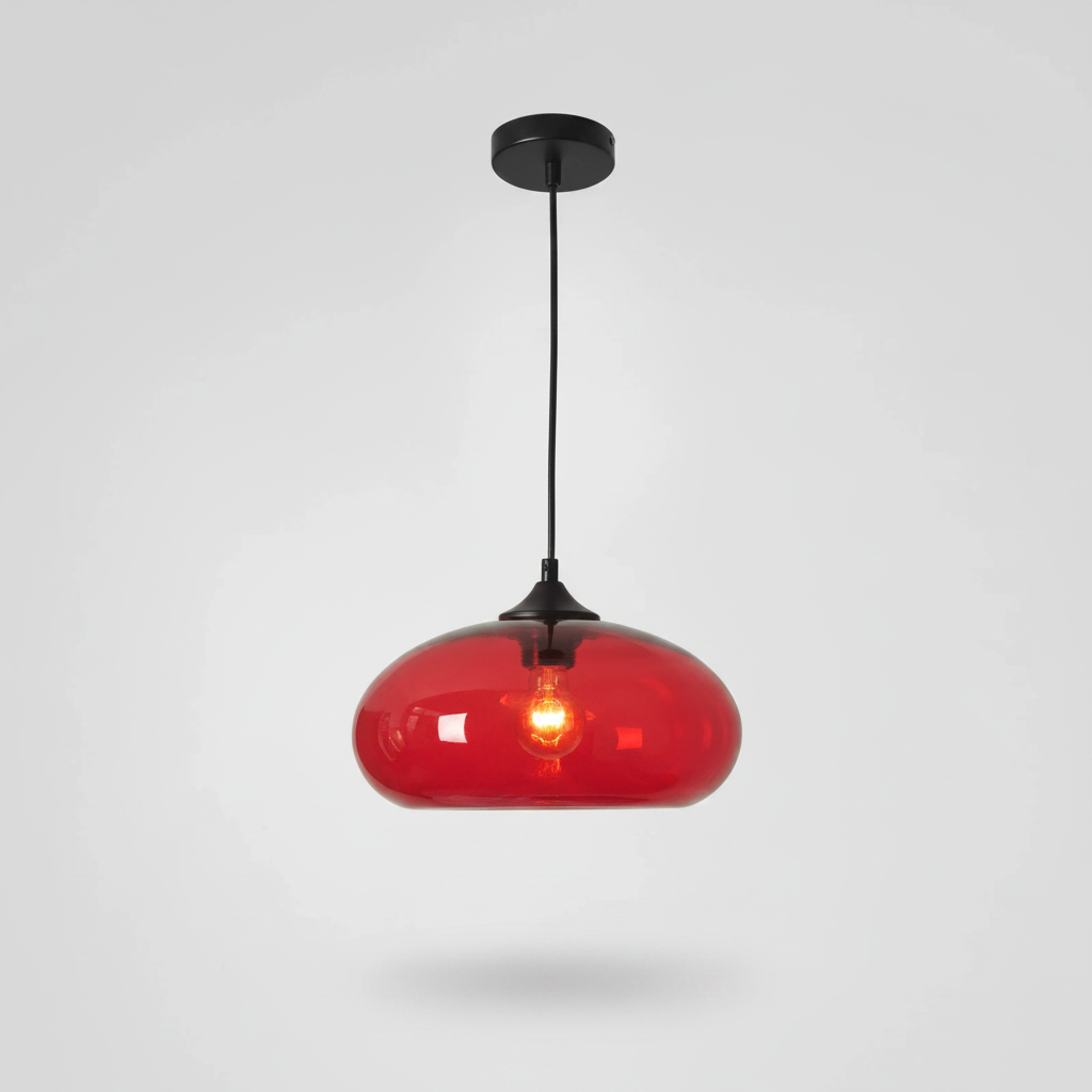 Suspension Verre Coloré – Globe Ovale Rouge — photo produit fond gris