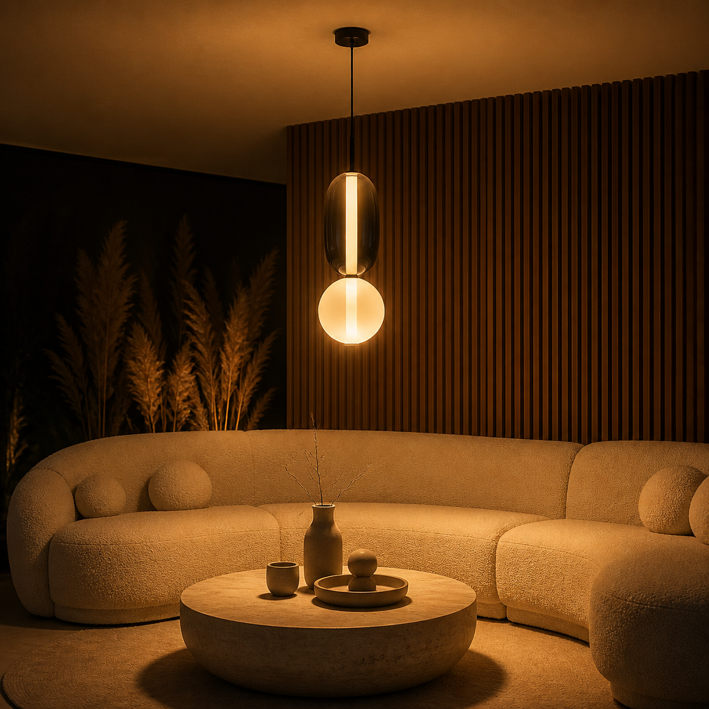 Suspension Verre Design Nordique Style 1 — ambiance soir salon contemporain