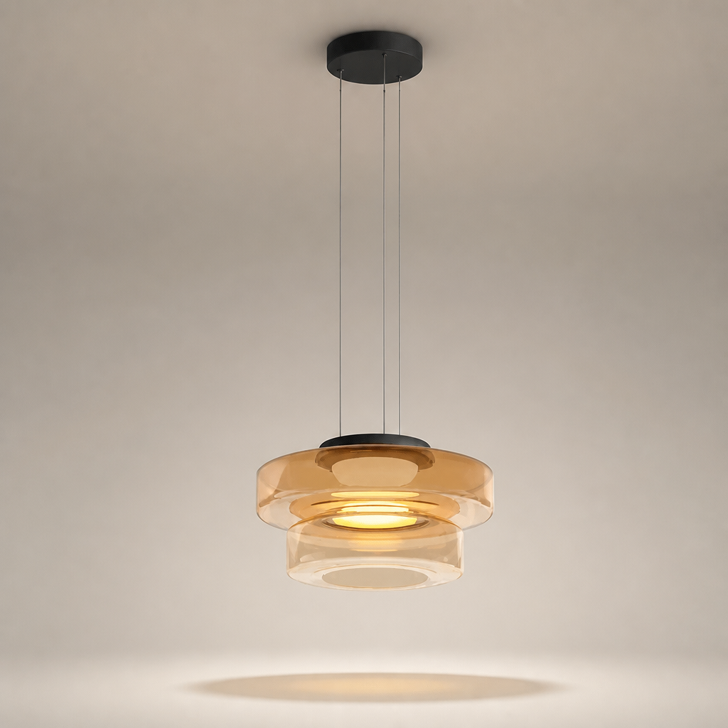 Suspension Verre Disques LED Ambre 2 — photo produit fond gris