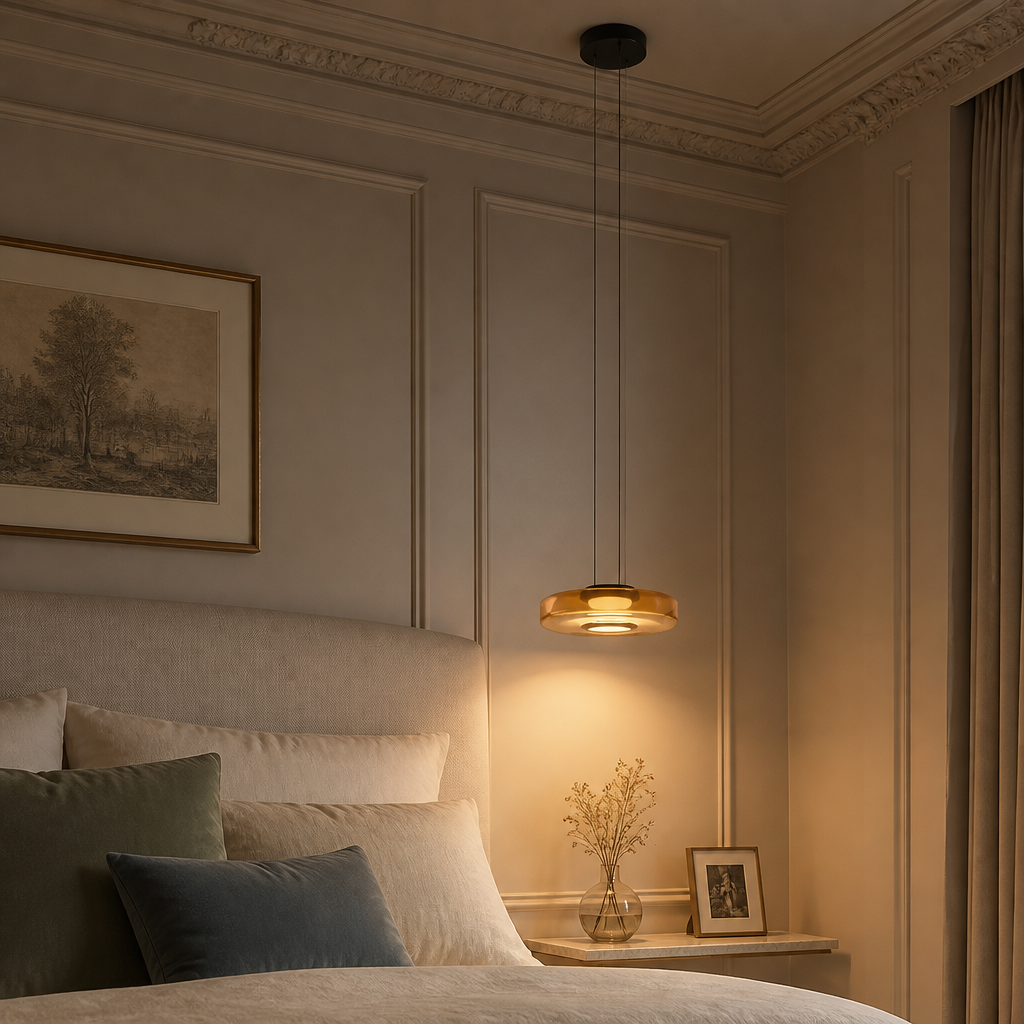 Suspension Verre Disques LED Ambre — mise en situation chambre