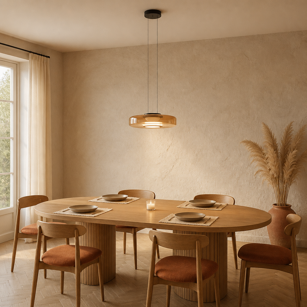 Suspension Verre Disques LED Ambre — mise en situation salle à manger