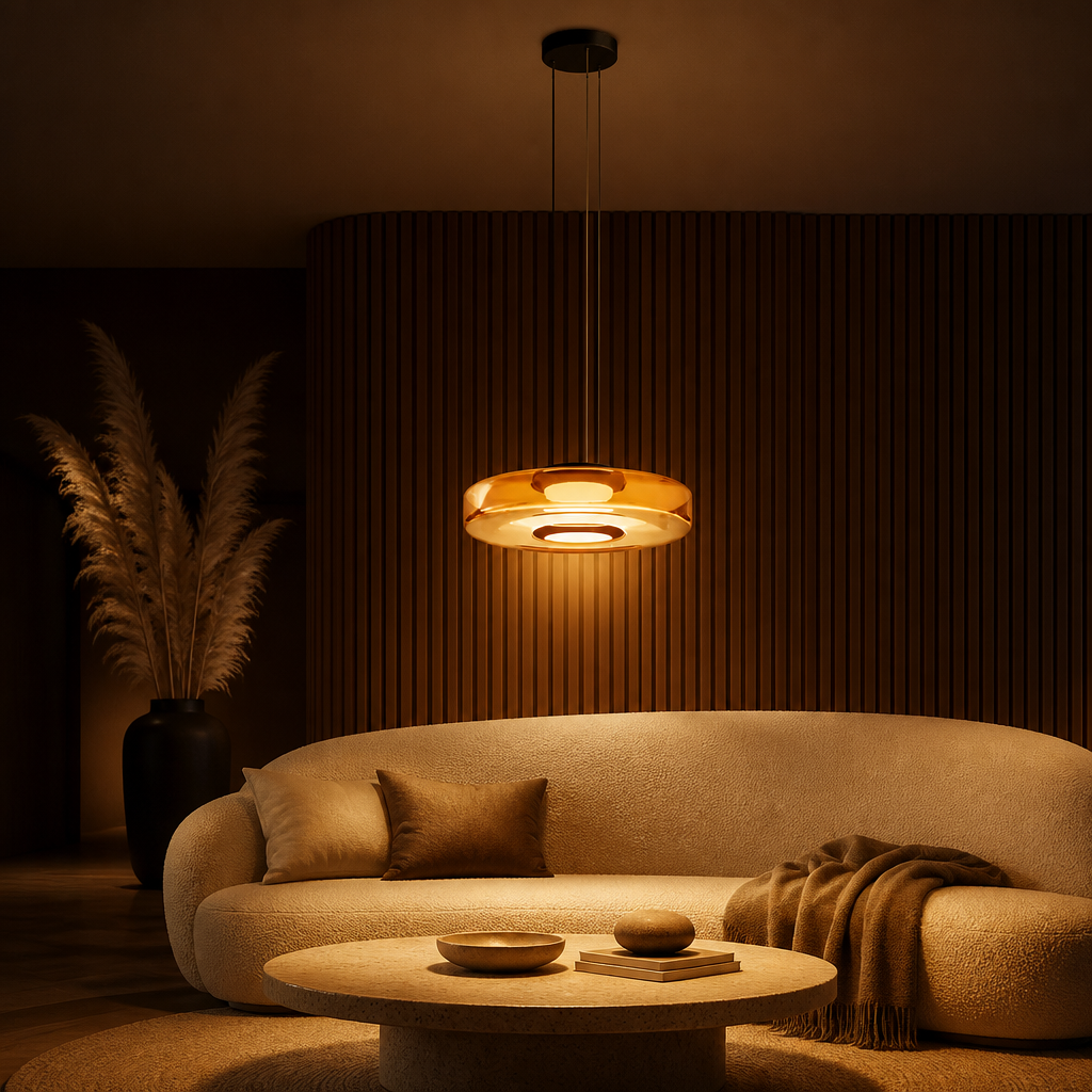 Suspension Verre Disques LED Ambre — ambiance soir salon contemporain