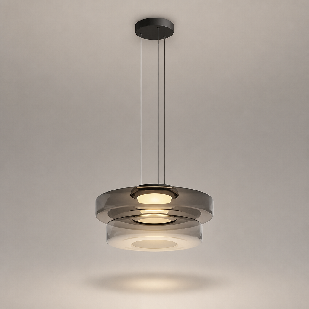 Suspension Verre Disques LED Gris 2 — photo produit fond gris