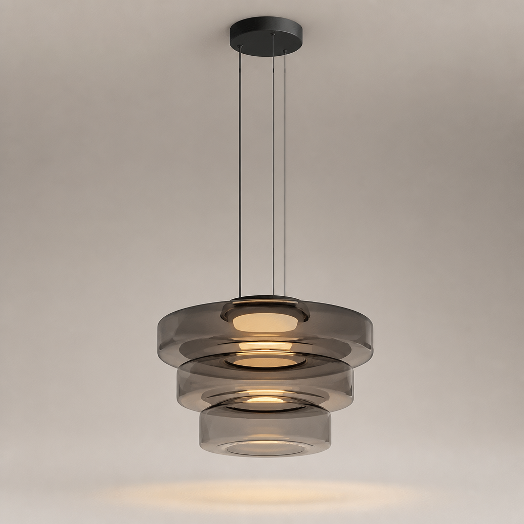 Suspension Verre Disques LED Gris 3 — photo produit fond gris