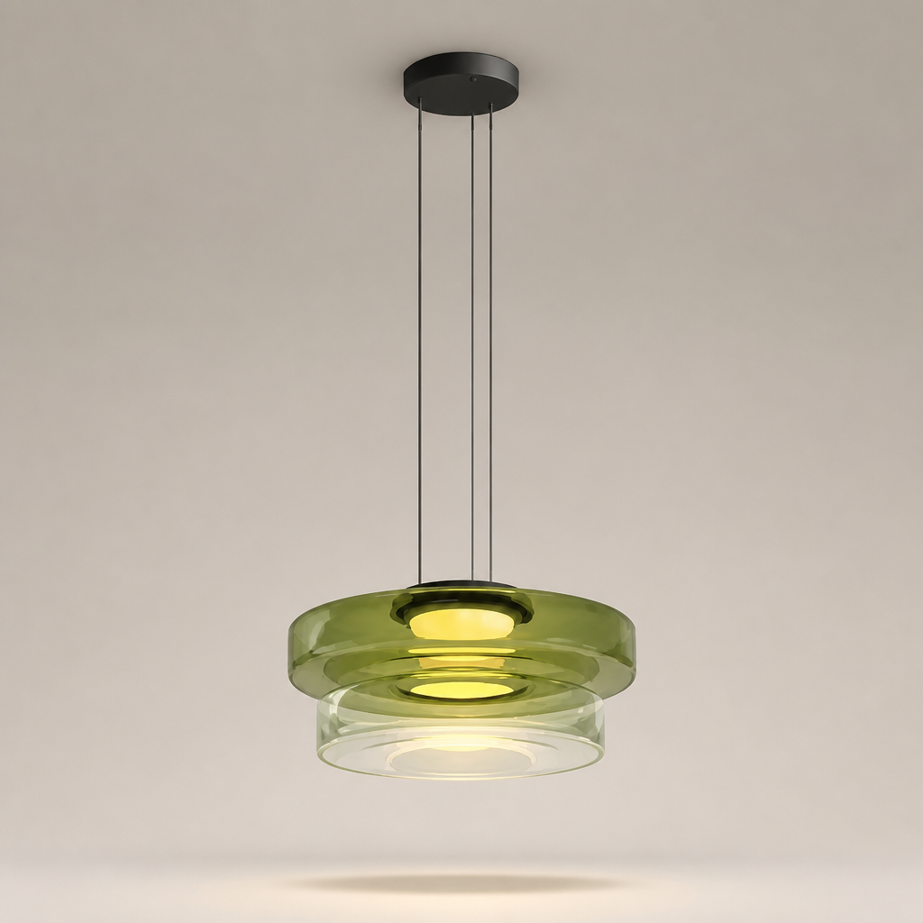 Suspension Verre Disques LED Vert 2 — photo produit fond gris