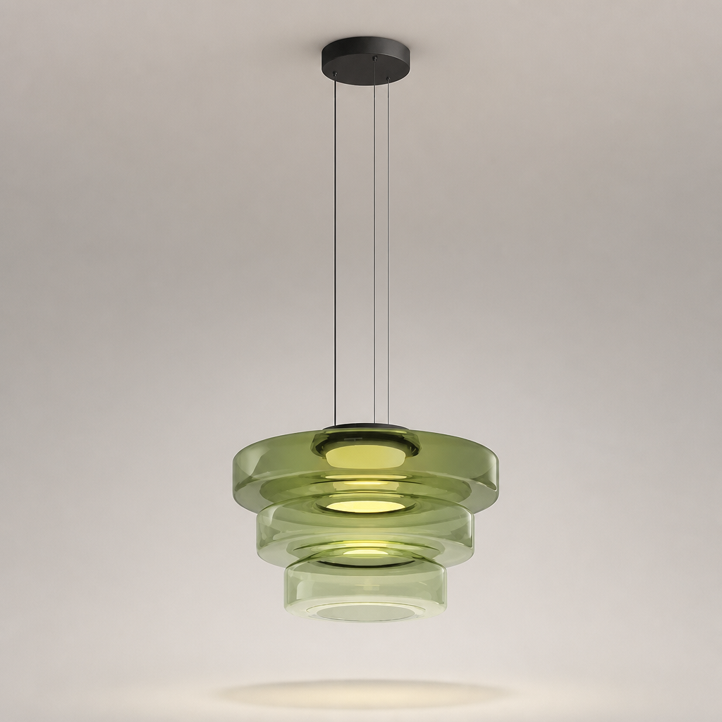 Suspension Verre Disques LED Vert 3 — photo produit fond gris