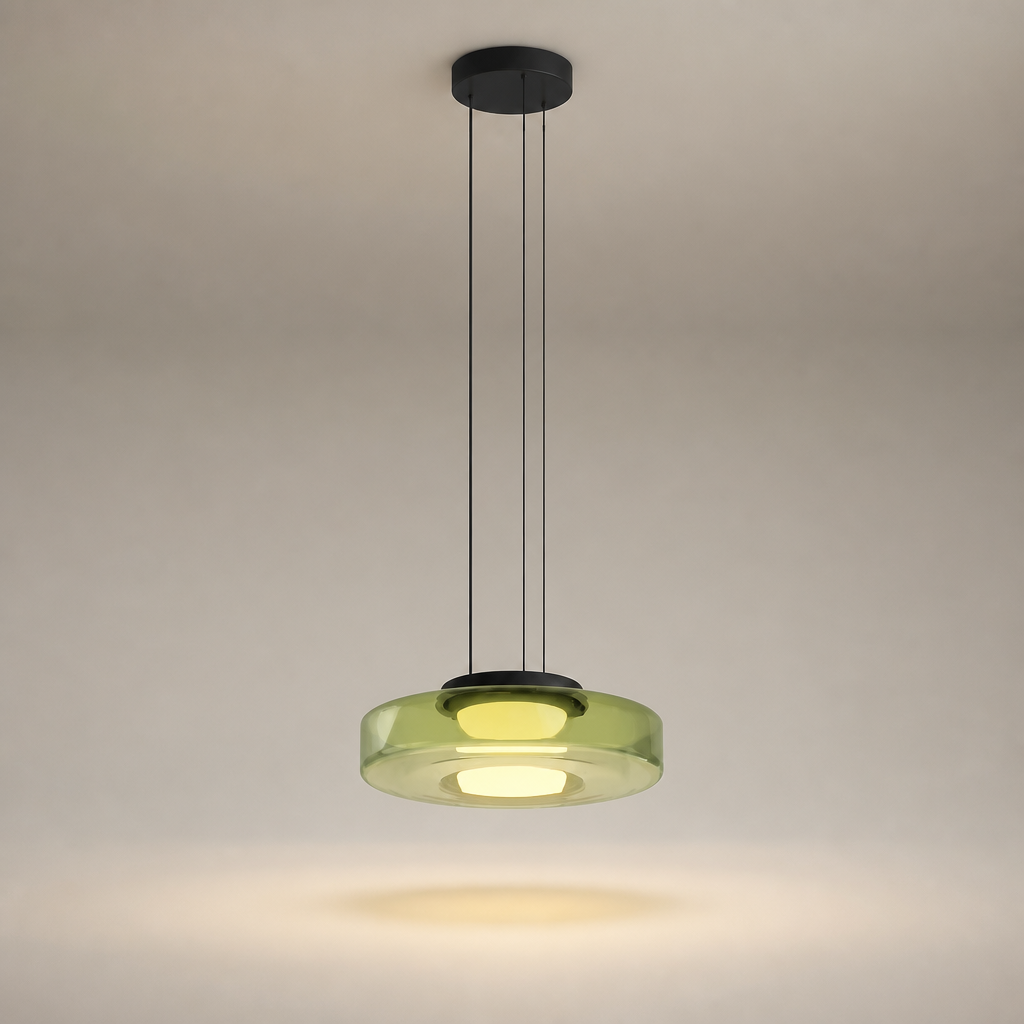 Suspension Verre Disques LED Vert — photo produit fond gris