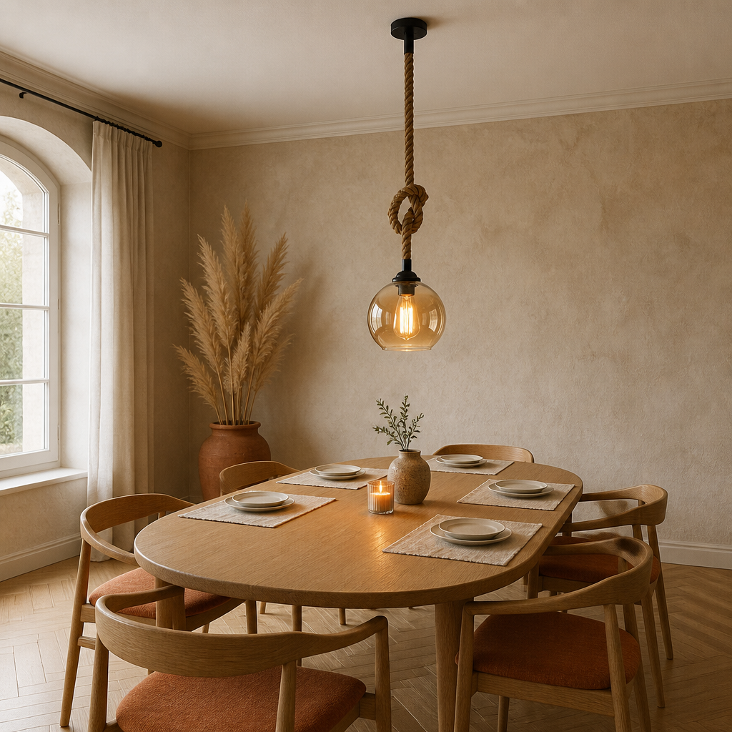 Suspension Verre Globe Vintage Chanvre Ambre — mise en situation salle à manger