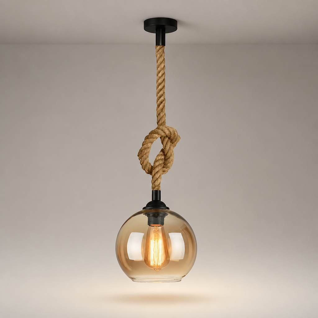 Suspension Verre Globe Vintage Chanvre Ambre — photo produit fond gris