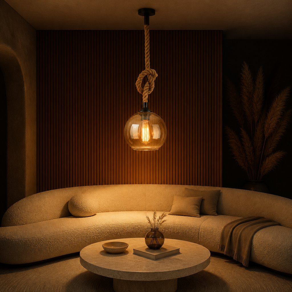Suspension Verre Globe Vintage Chanvre Ambre — ambiance soir salon contemporain