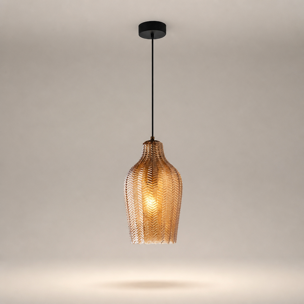 Suspension Verre Texturé Chevron Ambre - D — photo produit fond gris