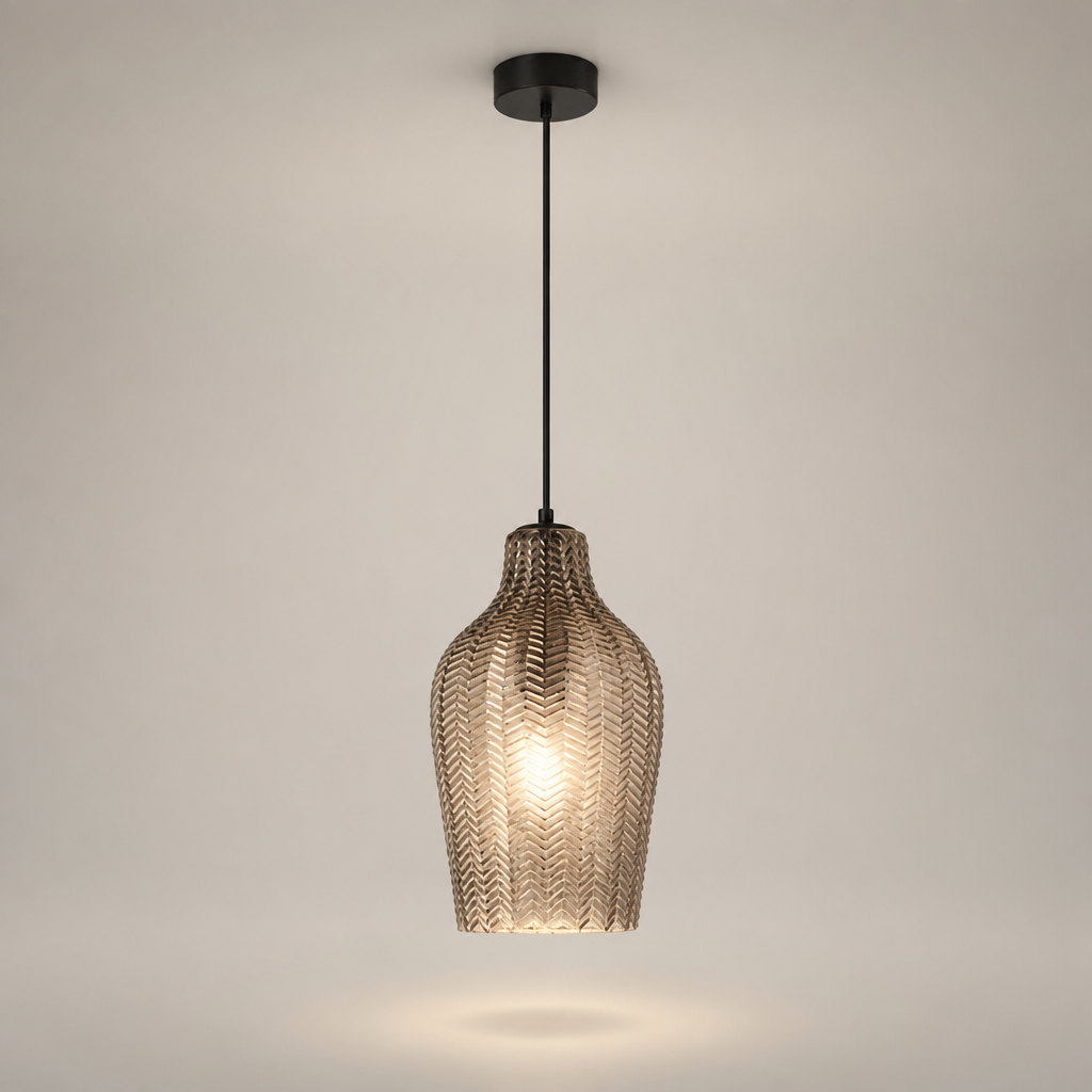Suspension Verre Texturé Chevron Gris Fumé - D — photo produit fond gris