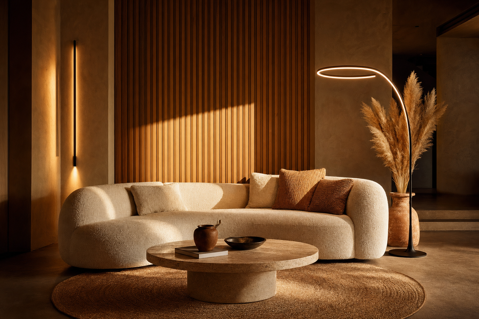 Salon chaleureux Mon Coin Lumière avec applique murale et lampadaire arc